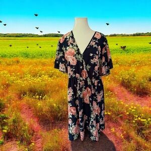 SHEIN Black Pink Flutter Sleeve Wrap Midi Dress